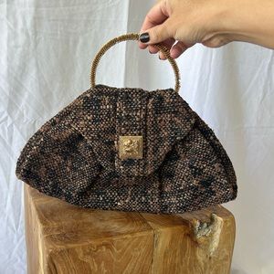 Vintage Brown & Gold Knit Triangular Handbag With Gold Wire Handle